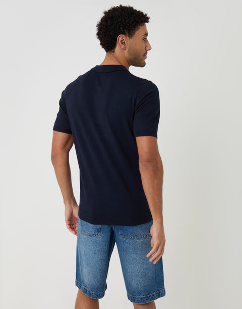 Threadbare Quarter Zip Knitted Polo in Navy - back view