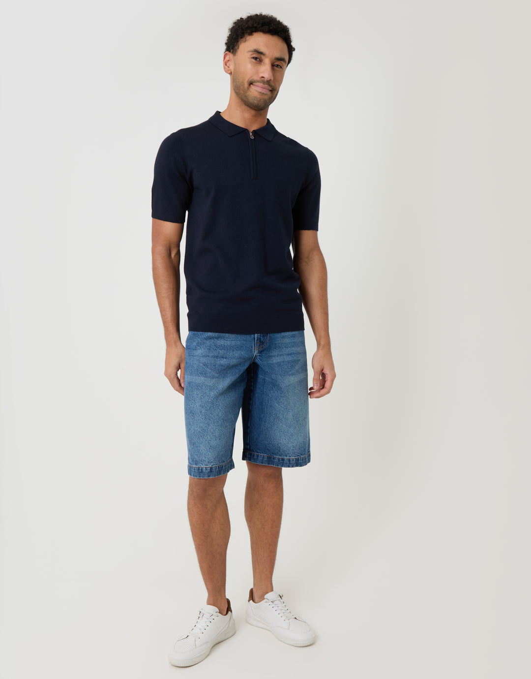 Threadbare Quarter Zip Knitted Polo in Navy - full body