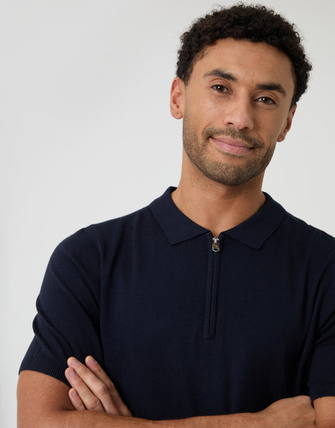 Threadbare Quarter Zip Knitted Polo in Navy - front view close up
