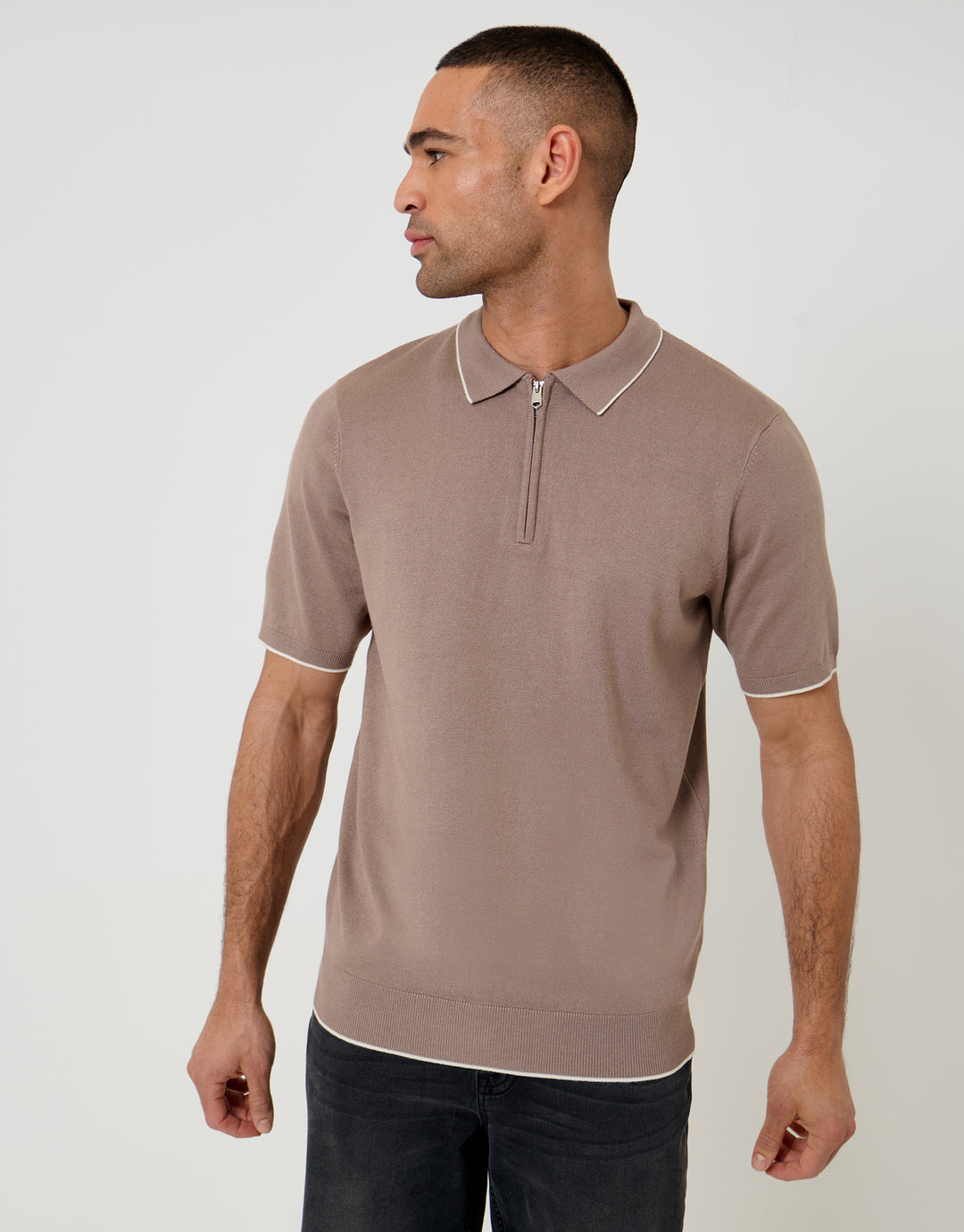 Threadbare Knitted Quarter Zip Polo With Contrast Tipping in Taupe - front view