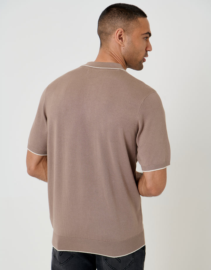 Threadbare Knitted Quarter Zip Polo With Contrast Tipping in Taupe - back view