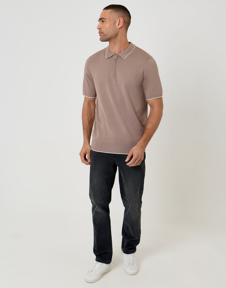 Threadbare Knitted Quarter Zip Polo With Contrast Tipping in Taupe - full body