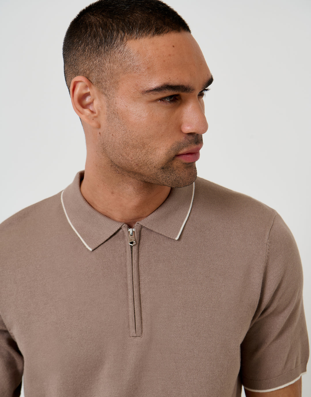 Threadbare Knitted Quarter Zip Polo With Contrast Tipping in Taupe - front view close up
