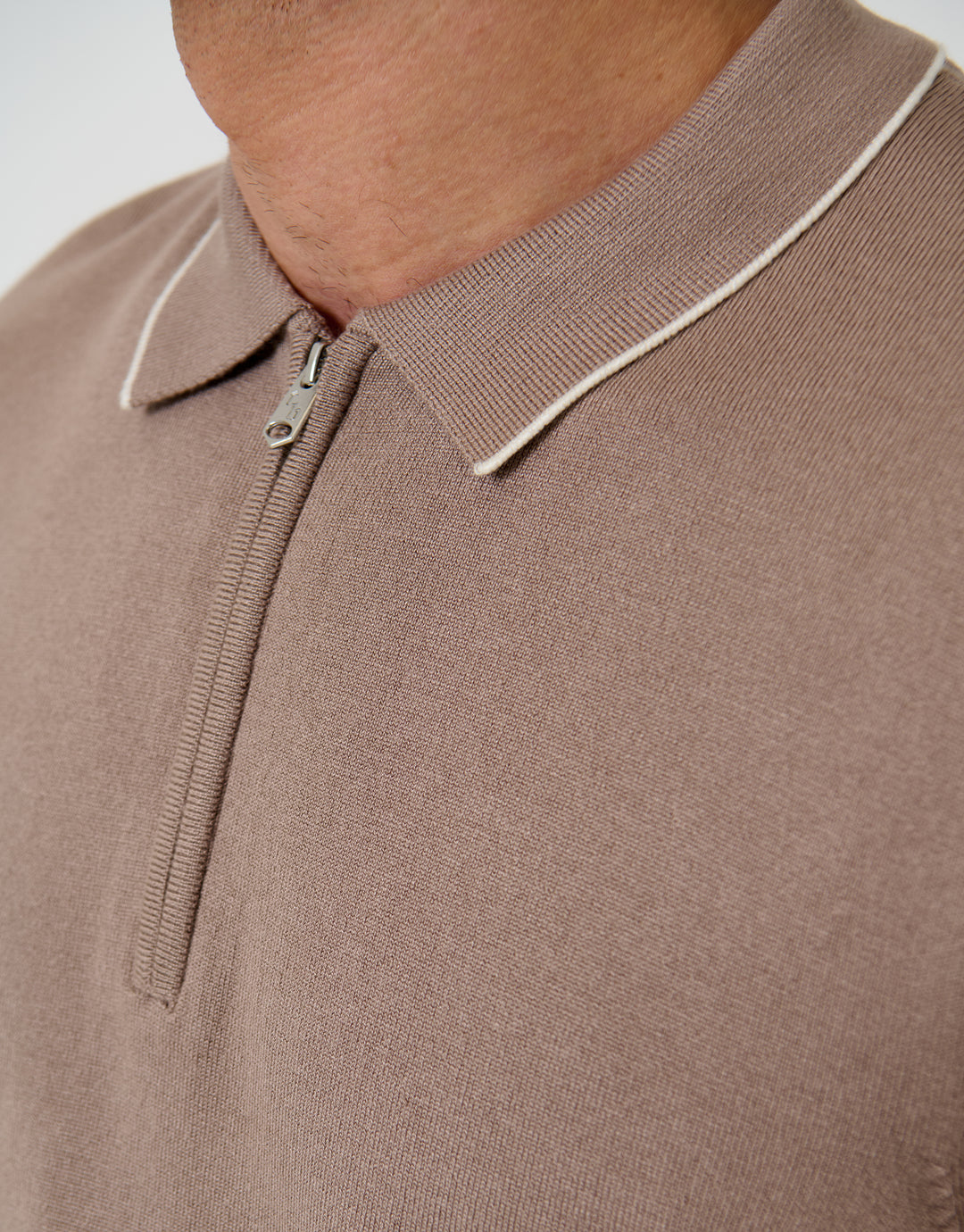 Threadbare Knitted Quarter Zip Polo With Contrast Tipping in Taupe - collar close up