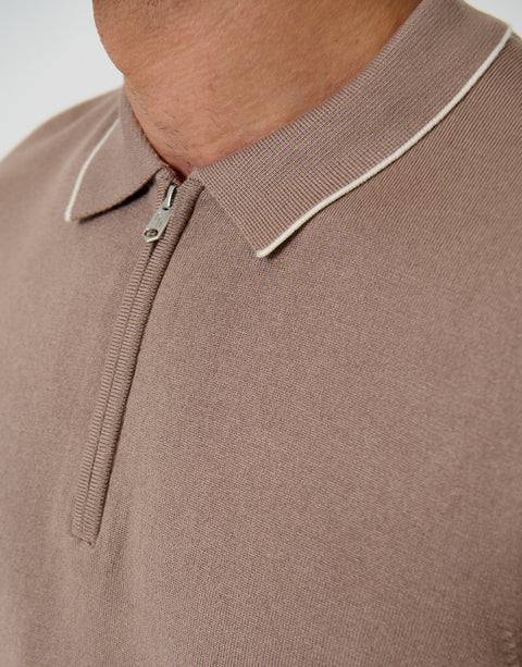 Threadbare Knitted Quarter Zip Polo With Contrast Tipping in Taupe - collar close up