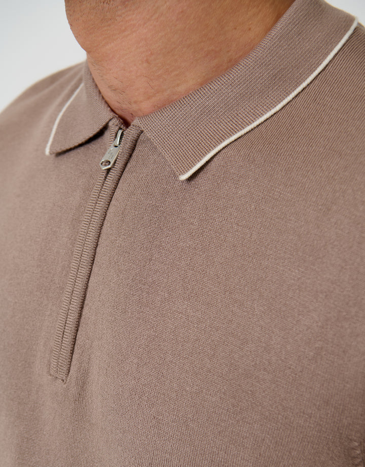 Threadbare Knitted Quarter Zip Polo With Contrast Tipping in Taupe - collar close up