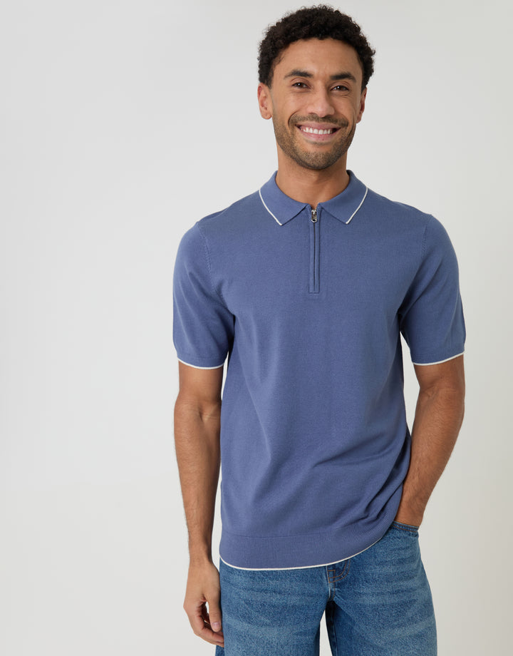 Blue Knitted Quarter Zip Polo With Contrast Tipping