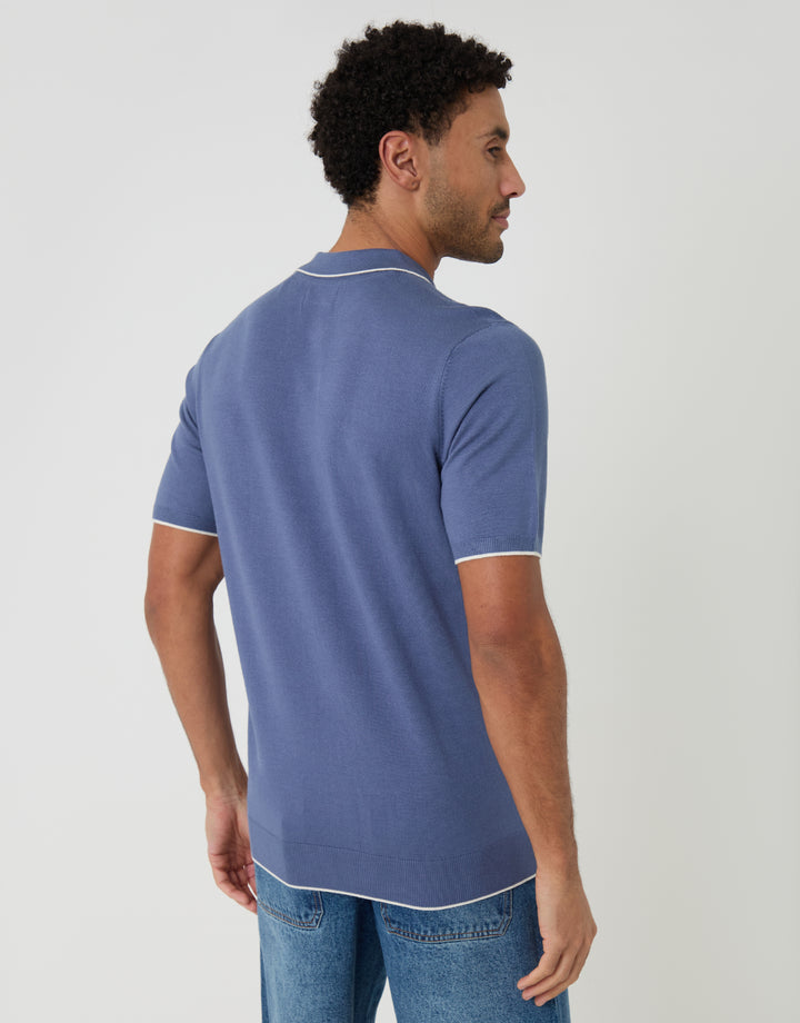 Blue Knitted Quarter Zip Polo With Contrast Tipping