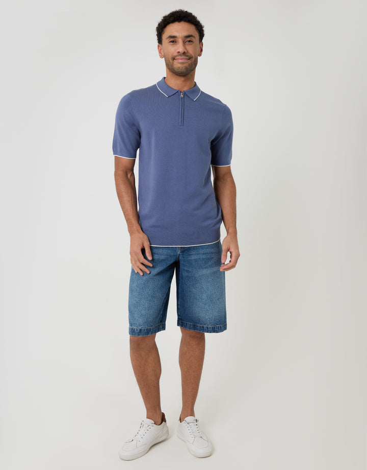 Blue Knitted Quarter Zip Polo With Contrast Tipping