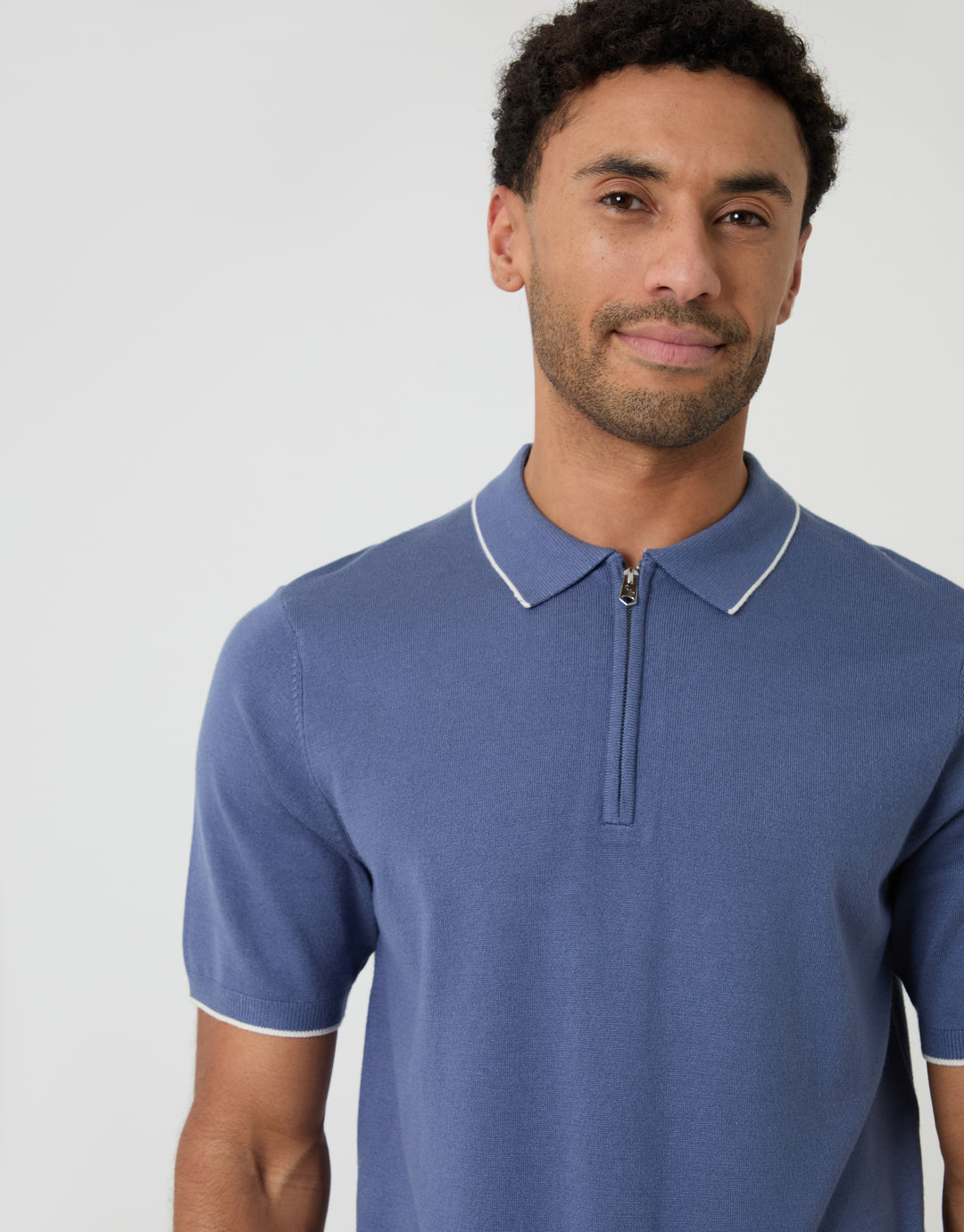 Blue Knitted Quarter Zip Polo With Contrast Tipping