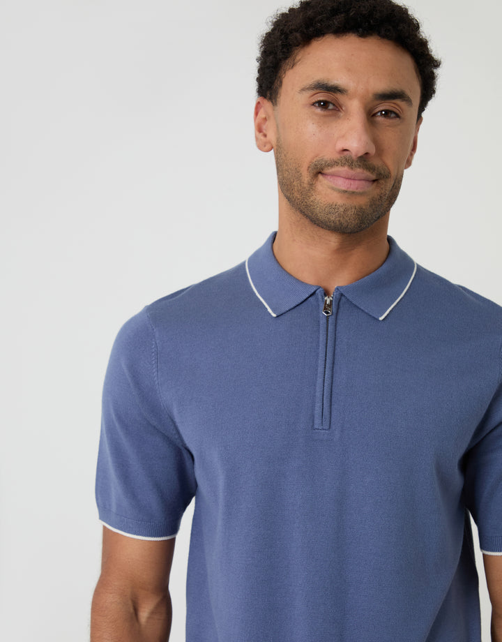 Blue Knitted Quarter Zip Polo With Contrast Tipping