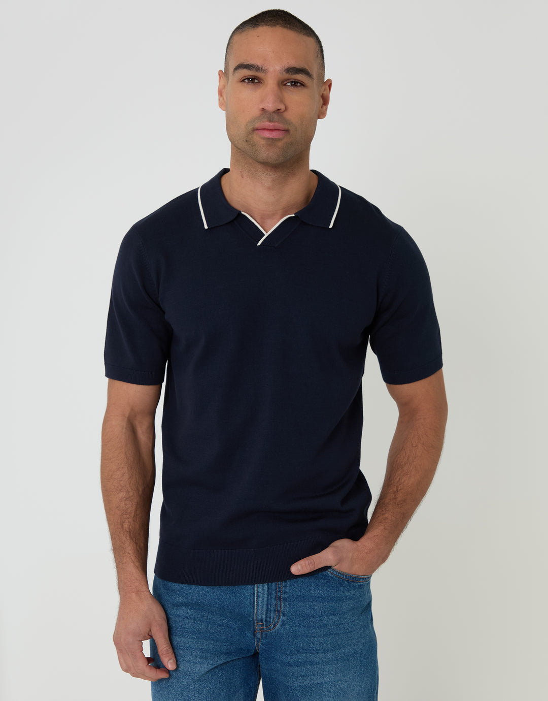 Navy Knitted Contrast Tipping Trophy Neck Polo