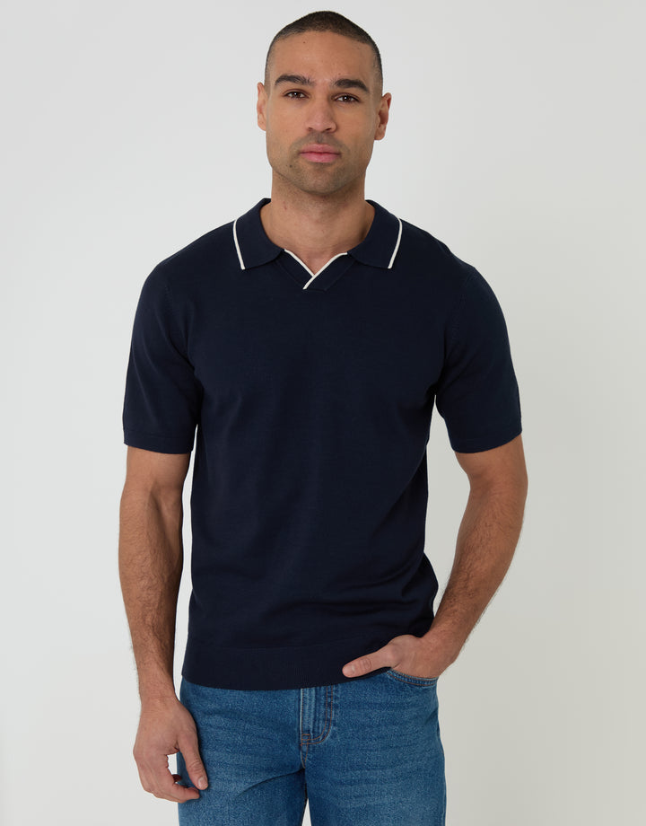 Navy Knitted Contrast Tipping Trophy Neck Polo