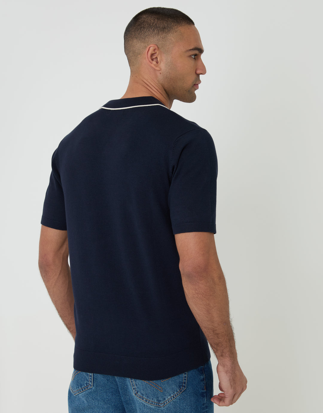 Navy Knitted Contrast Tipping Trophy Neck Polo