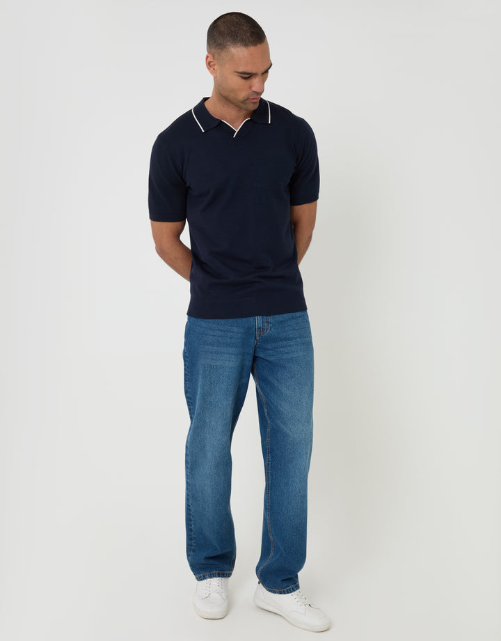 Navy Knitted Contrast Tipping Trophy Neck Polo