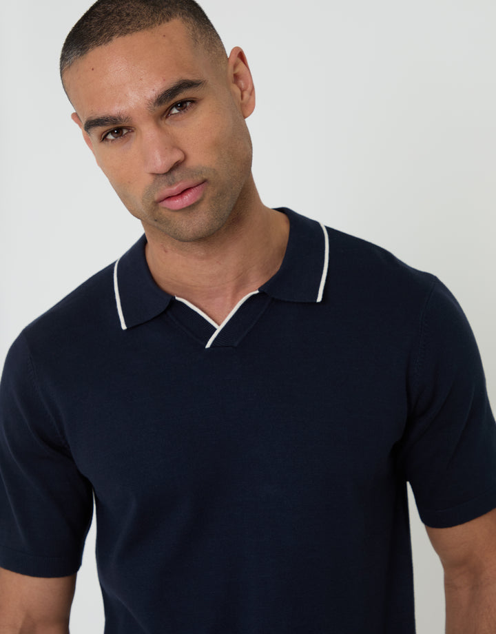 Navy Knitted Contrast Tipping Trophy Neck Polo