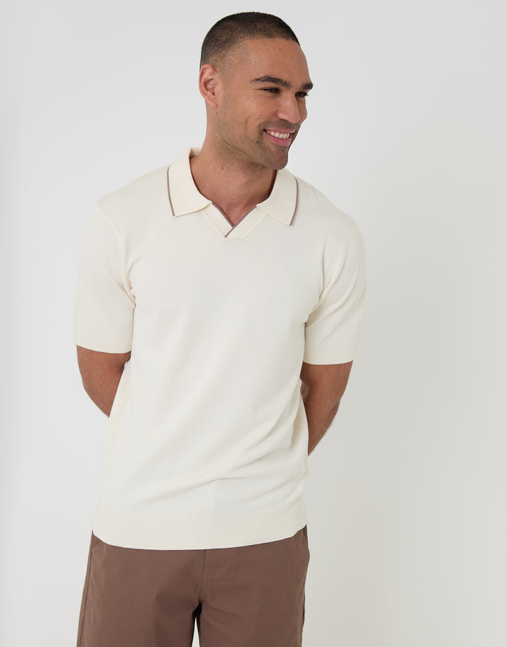 Ecru Knitted Contrast Tipping Trophy Neck Polo