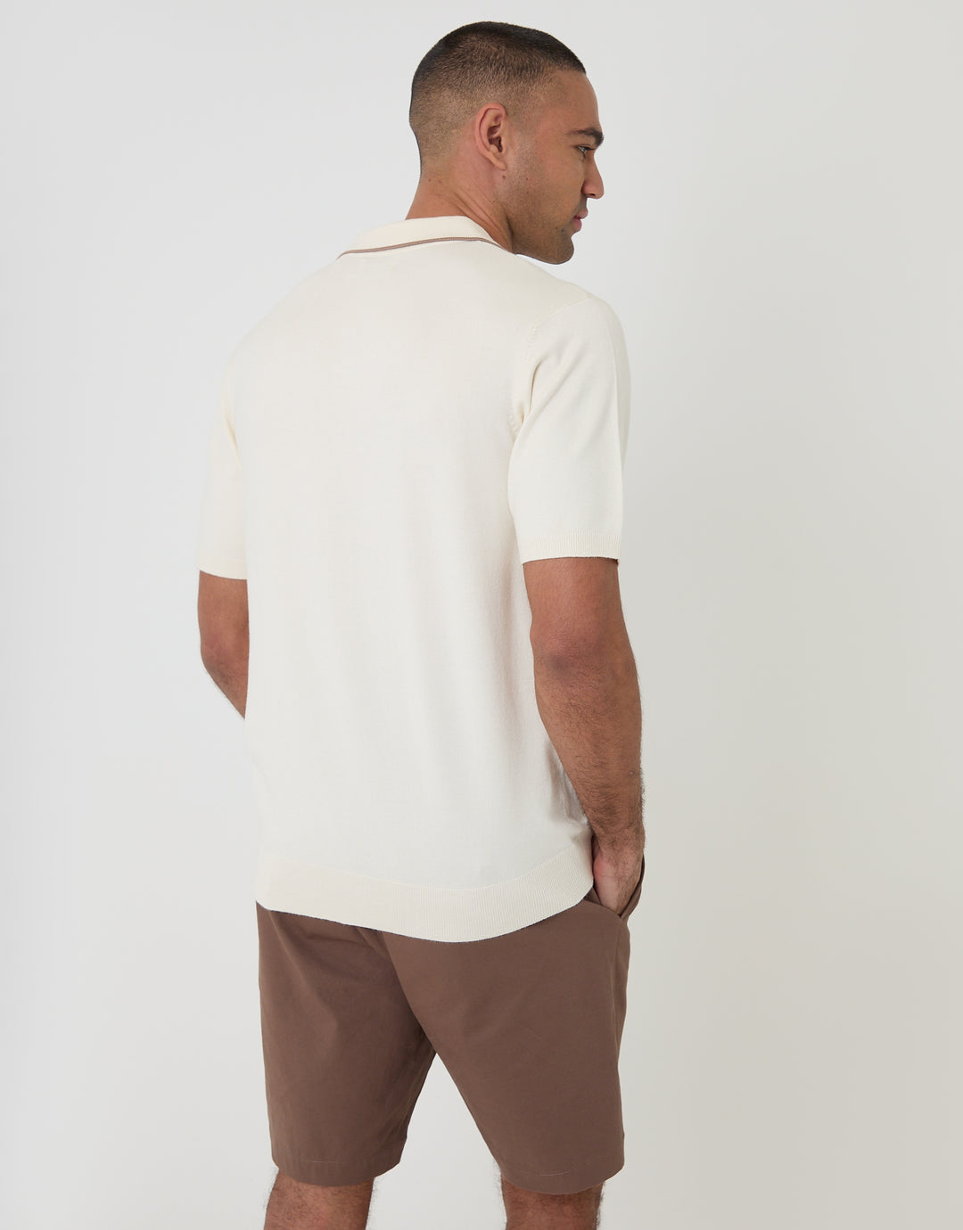 Ecru Knitted Contrast Tipping Trophy Neck Polo