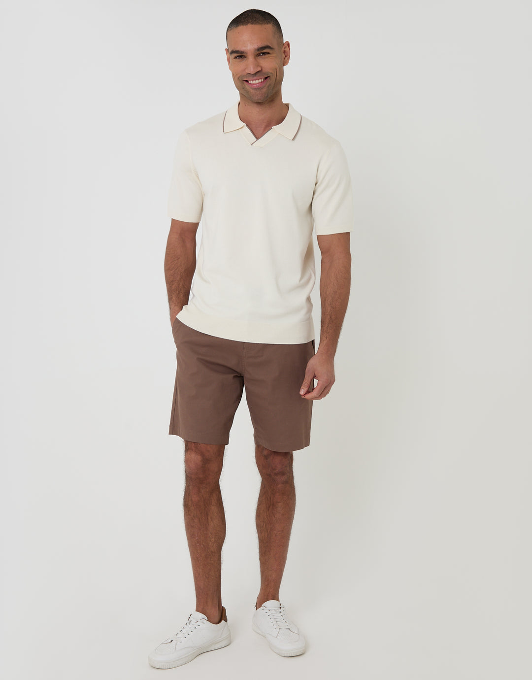 Ecru Knitted Contrast Tipping Trophy Neck Polo