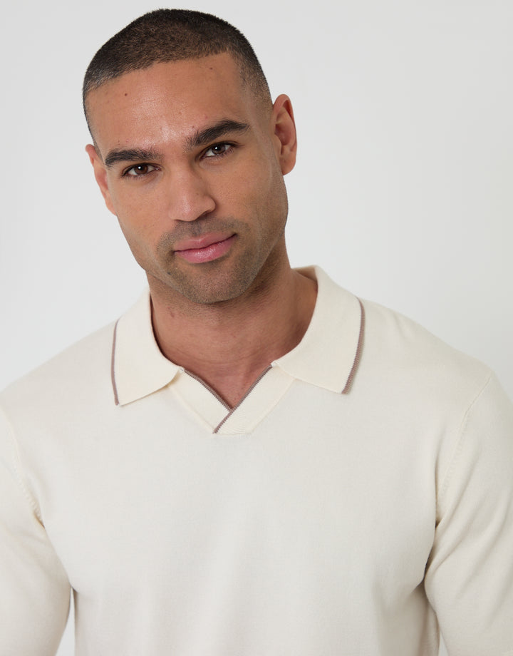 Ecru Knitted Contrast Tipping Trophy Neck Polo