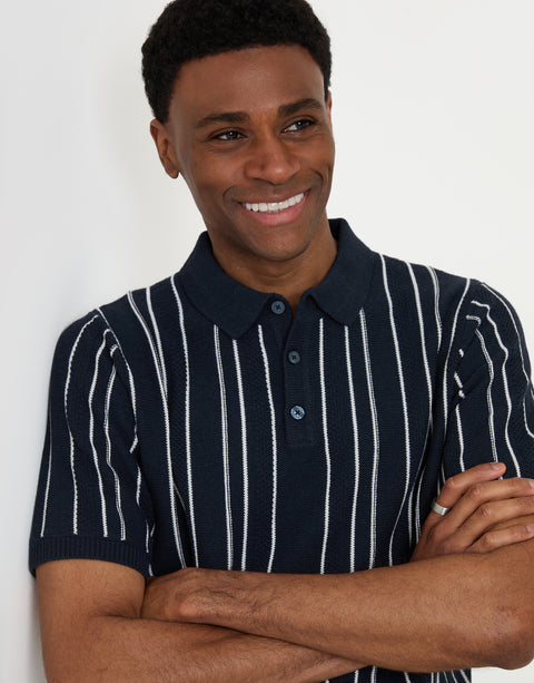 Threadbare Textured Stripe Knitted Quarter Zip Polo in Navy - collar close up