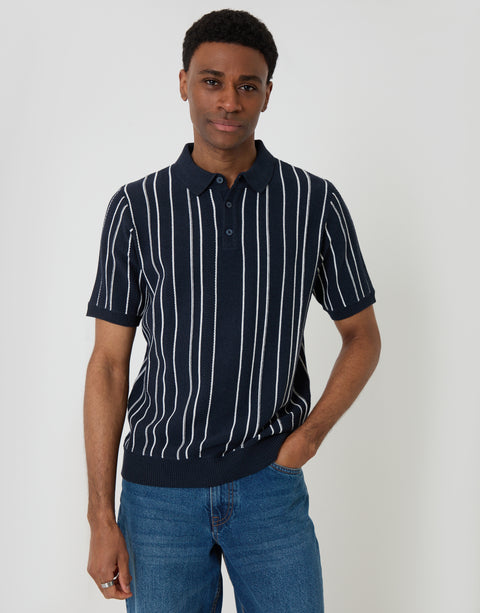 Threadbare Textured Stripe Knitted Quarter Zip Polo in Navy - front view