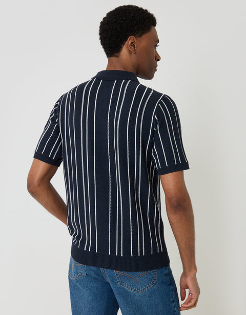 Threadbare Textured Stripe Knitted Quarter Zip Polo in Navy - back view