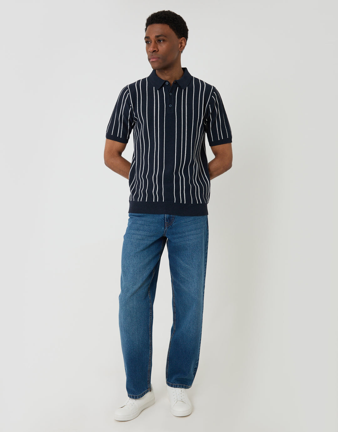 Threadbare Textured Stripe Knitted Quarter Zip Polo in Navy - full body