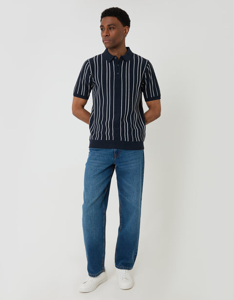 Threadbare Textured Stripe Knitted Quarter Zip Polo in Navy - full body