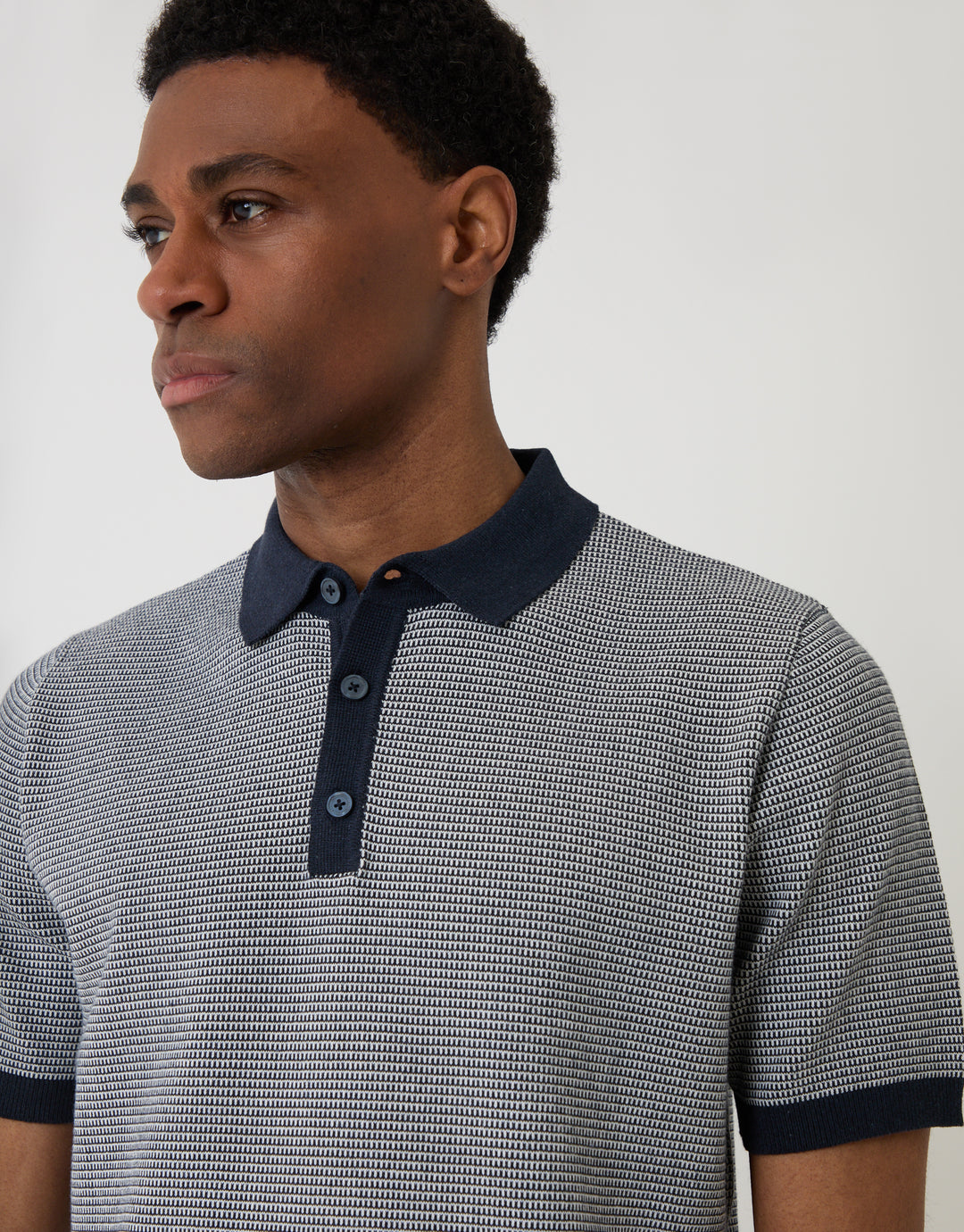 Threadbare Fairisle Knitted Short Sleeve Polo in Navy - collar close up