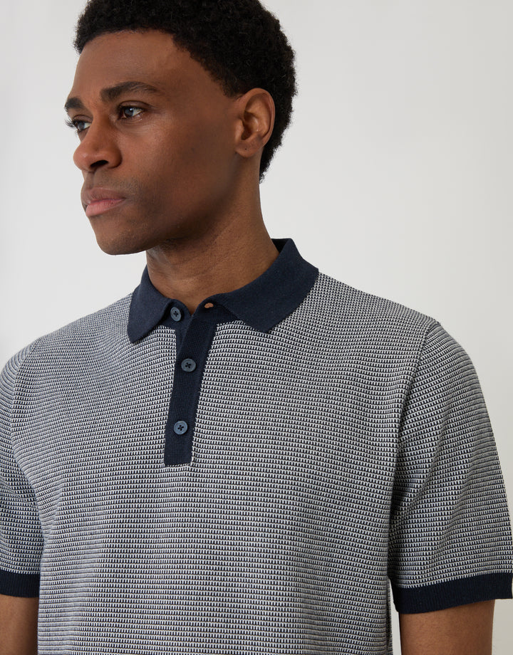 Threadbare Fairisle Knitted Short Sleeve Polo in Navy - collar close up