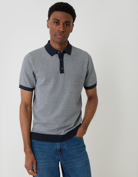 Threadbare Fairisle Knitted Short Sleeve Polo in Navy - front view