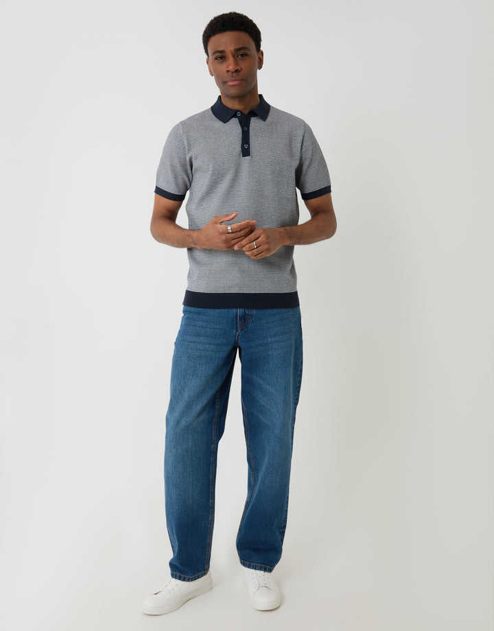 Threadbare Fairisle Knitted Short Sleeve Polo in Navy - full body