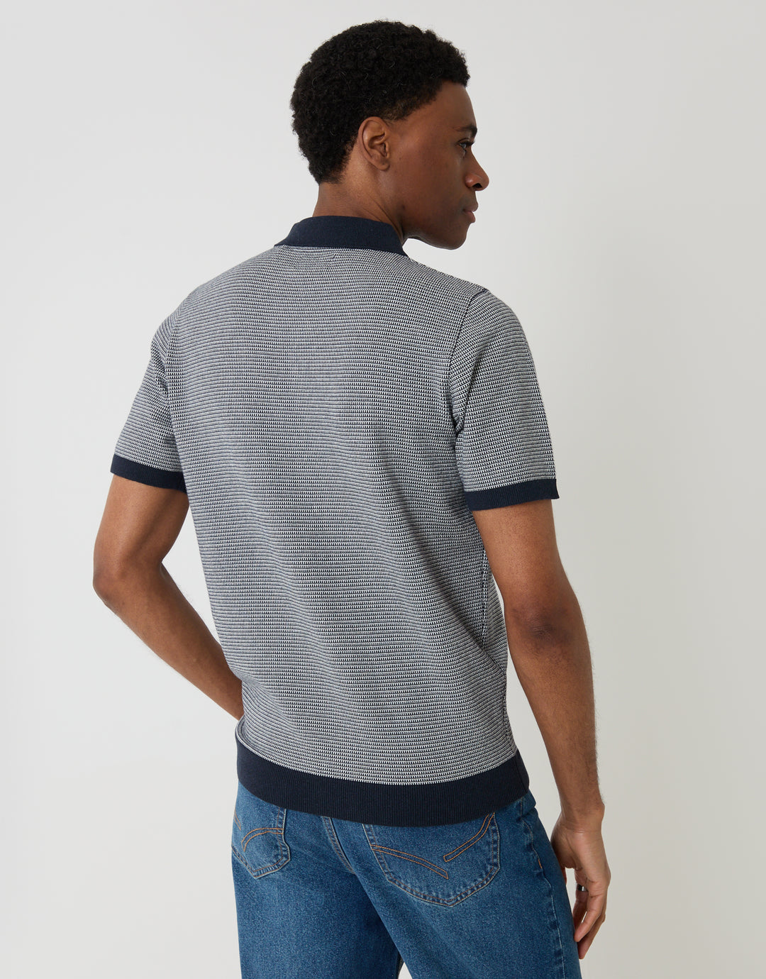 Threadbare Fairisle Knitted Short Sleeve Polo in Navy - back view