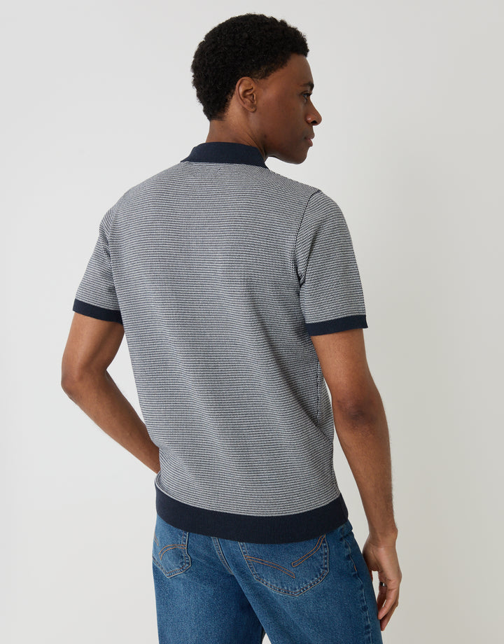 Threadbare Fairisle Knitted Short Sleeve Polo in Navy - back view