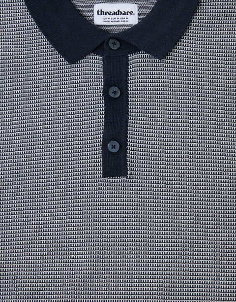 Threadbare Fairisle Knitted Short Sleeve Polo in Navy - buttons close up