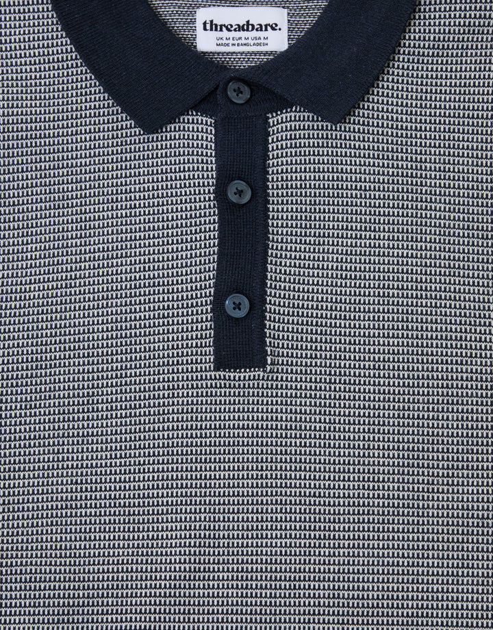 Threadbare Fairisle Knitted Short Sleeve Polo in Navy - buttons close up