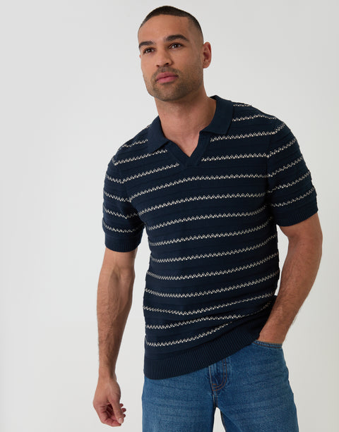 Threadbare Textured Knitted Trophy Neck Polo in Navy Stripe - front view