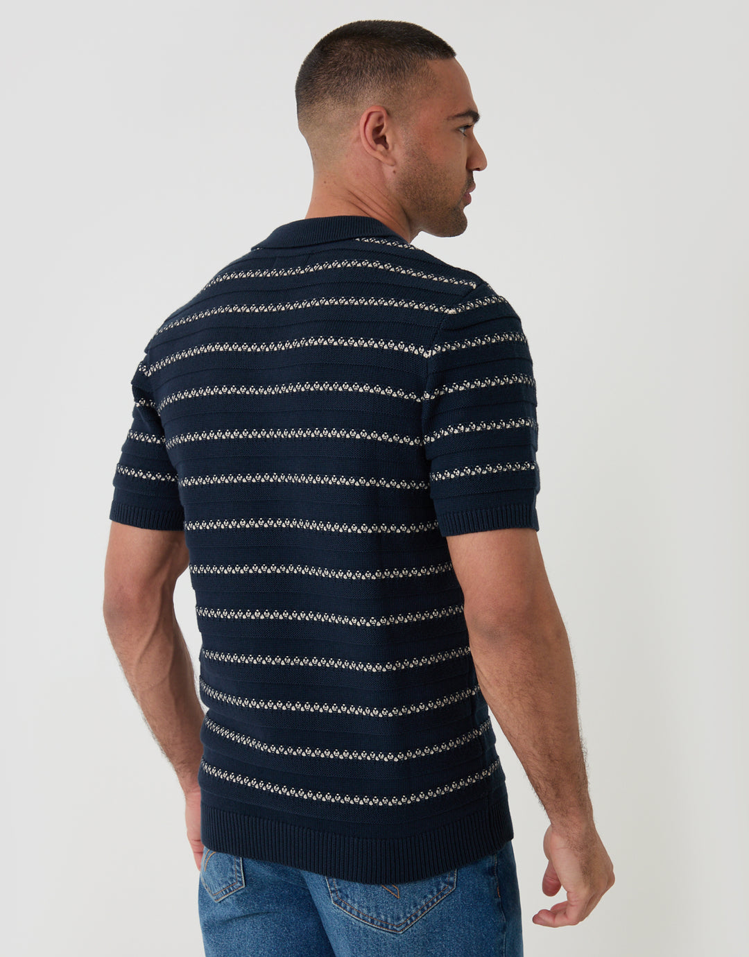 Threadbare Textured Knitted Trophy Neck Polo in Navy Stripe - back view