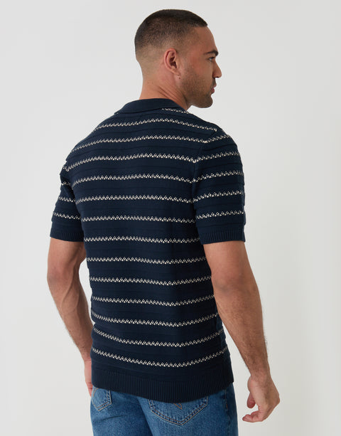 Threadbare Textured Knitted Trophy Neck Polo in Navy Stripe - back view