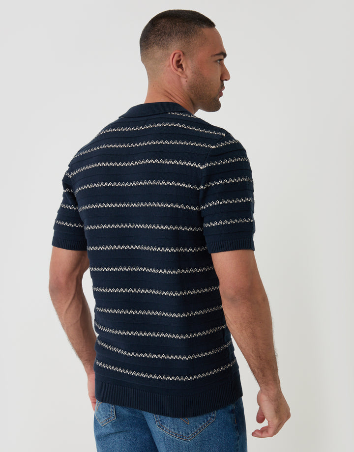 Threadbare Textured Knitted Trophy Neck Polo in Navy Stripe - back view