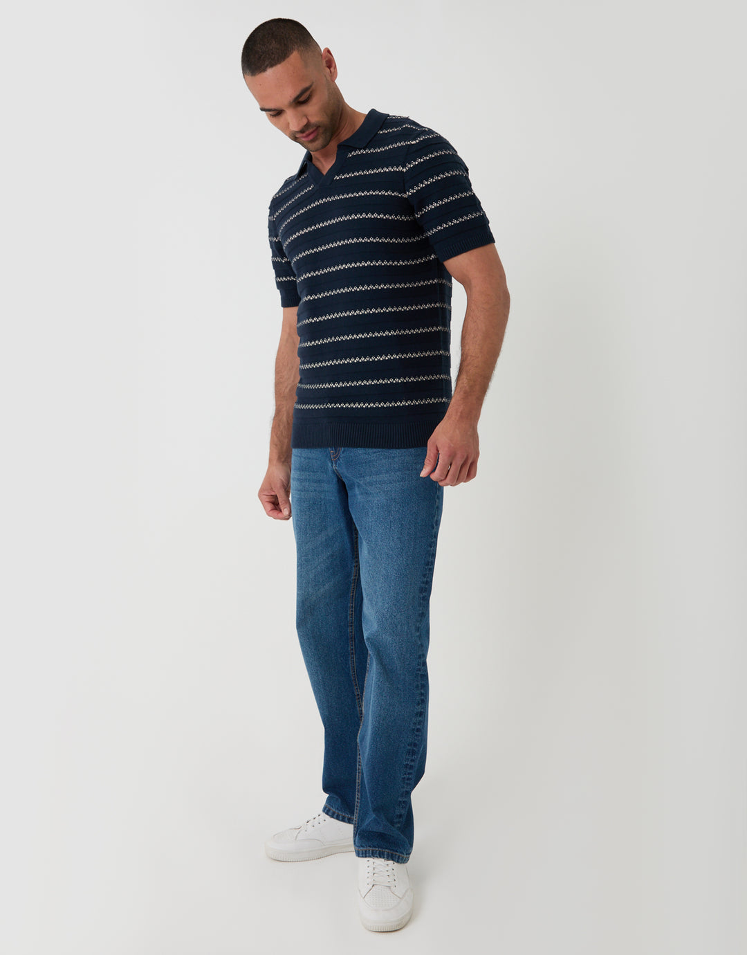 Threadbare Textured Knitted Trophy Neck Polo in Navy Stripe - full outfit view