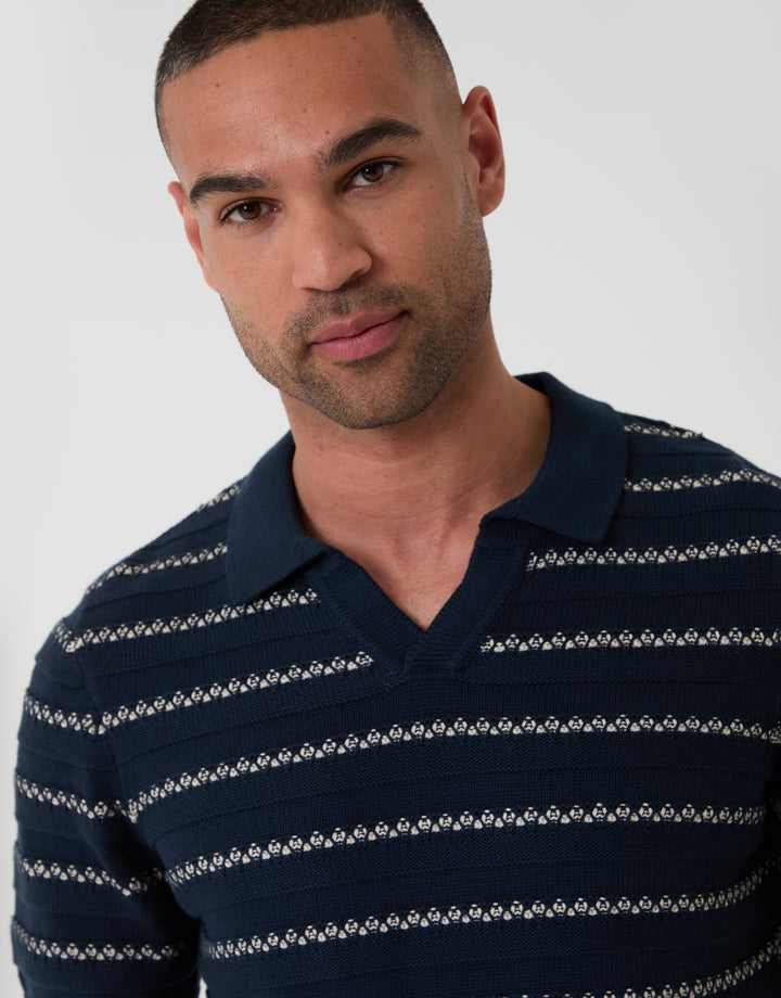 Threadbare Textured Knitted Trophy Neck Polo in Navy Stripe - chest detail view