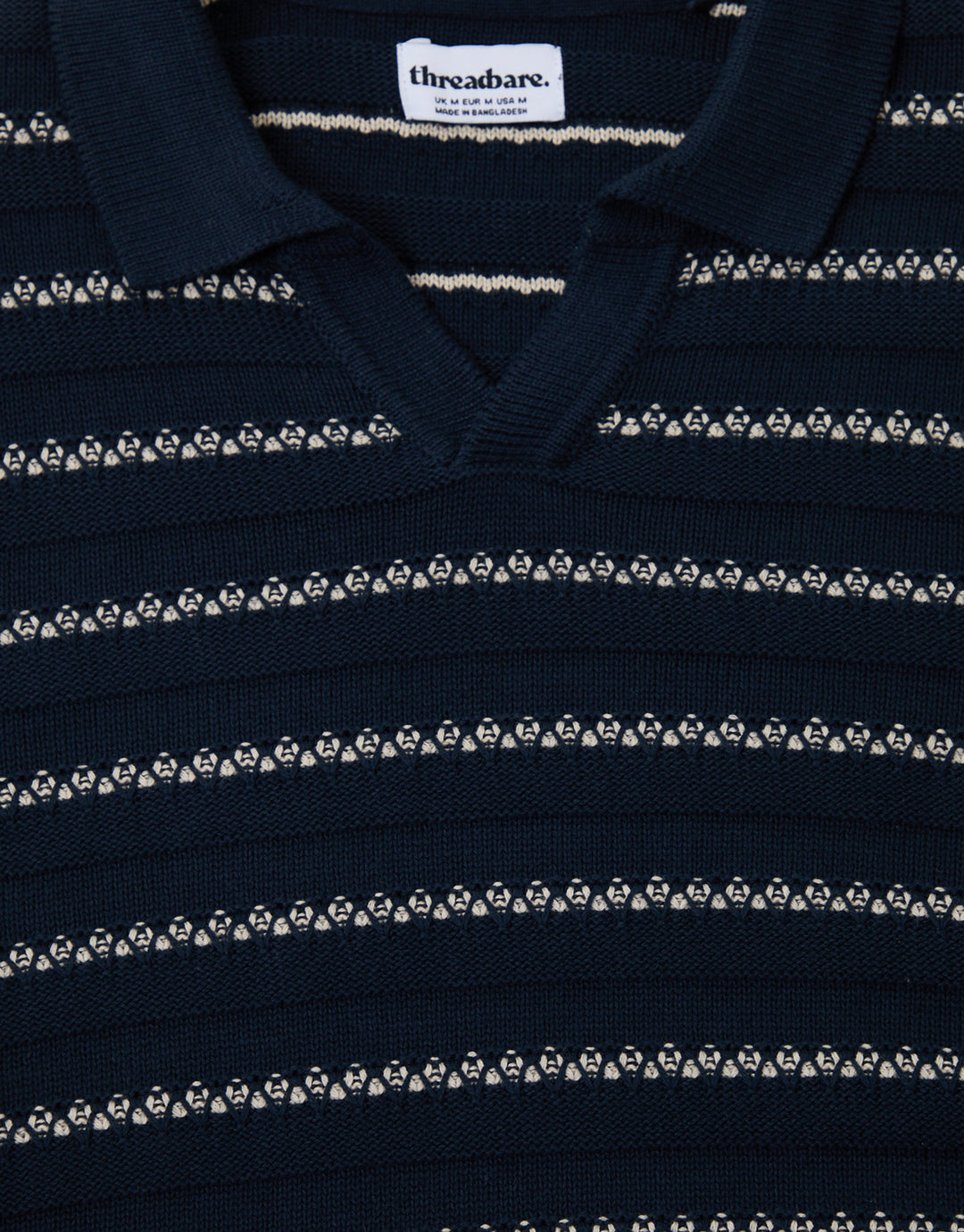 Threadbare Textured Knitted Trophy Neck Polo in Navy Stripe - flat shot detail view