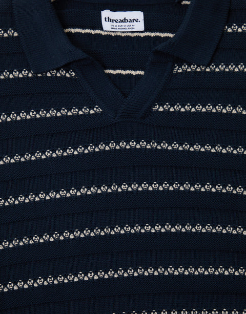 Threadbare Textured Knitted Trophy Neck Polo in Navy Stripe - flat shot detail view