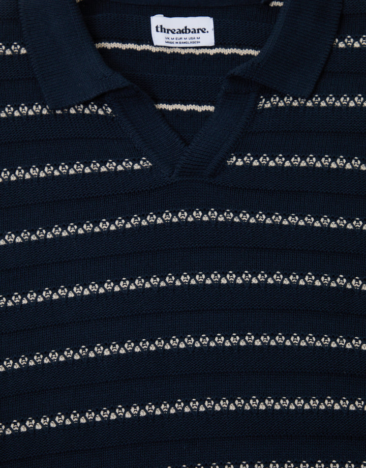 Threadbare Textured Knitted Trophy Neck Polo in Navy Stripe - flat shot detail view