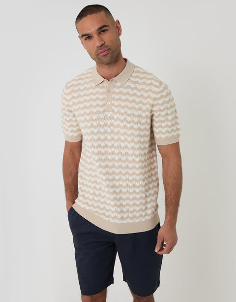 Threadbare Textured Knitted Polo in Stone Wavy Stripe - front view