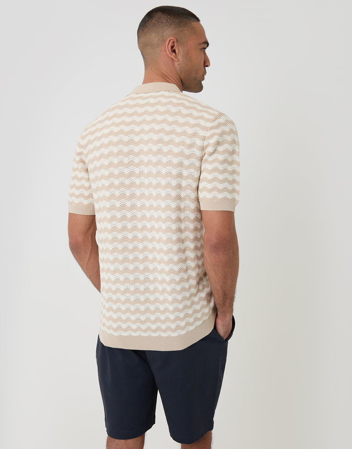 Threadbare Textured Knitted Polo in Stone Wavy Stripe - back view
