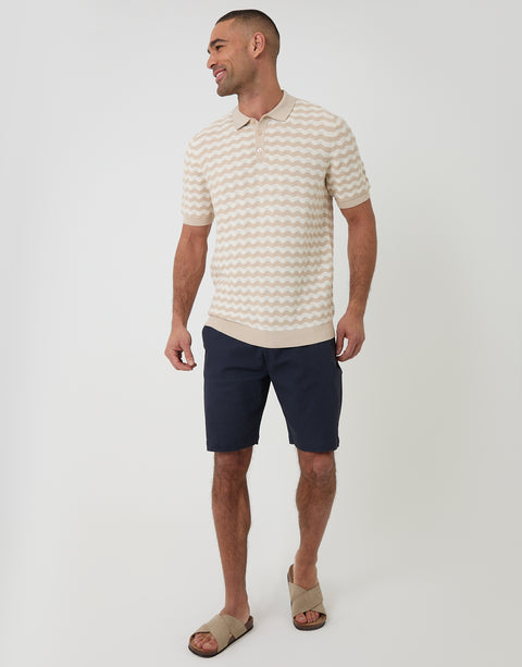 Threadbare Textured Knitted Polo in Stone Wavy Stripe - full body