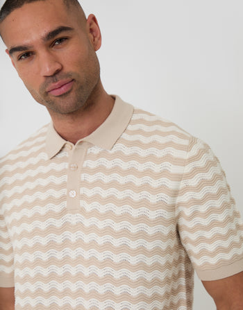 Threadbare Textured Knitted Polo in Stone Wavy Stripe - front view close up